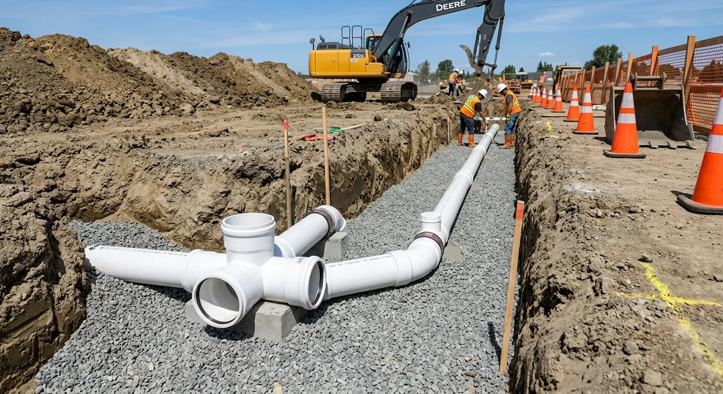 New PVC sewer pipe installation in open trench for Commercial Drain Cleaning in Washington